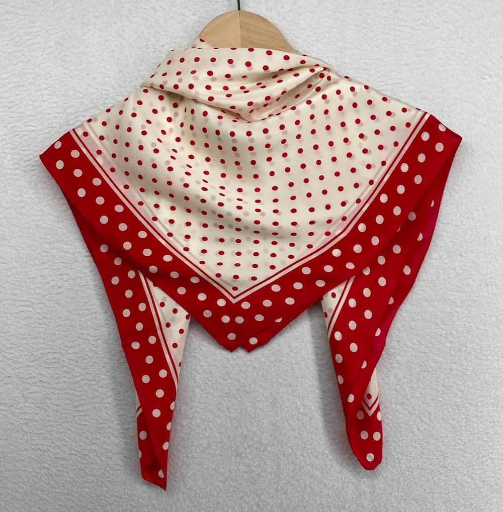 Silk Scarf Hand Rolled Polka Dot Bandana Square Red 31" x 31" VTG